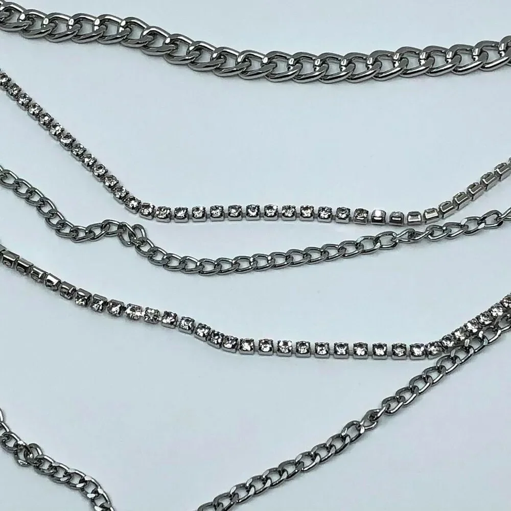 Y2K Glam Silver Rhinestone Draped Chain Belt, Fits 18–42 Inches, X7GA1196